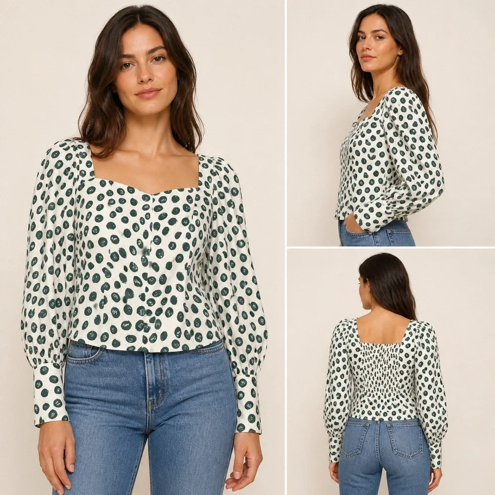 Reformation Calla Blouse in Tapioca Blouse 10 Ivory Green Polka Dot Puff Sleeve